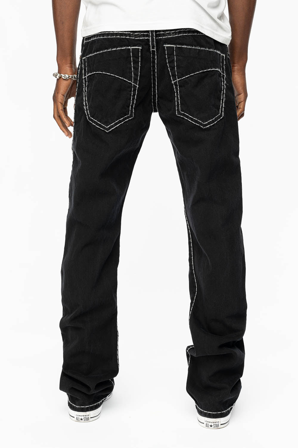 HEAVY STITCH JEANS IN PURE BLACK  WITH WHITE CONTRAST