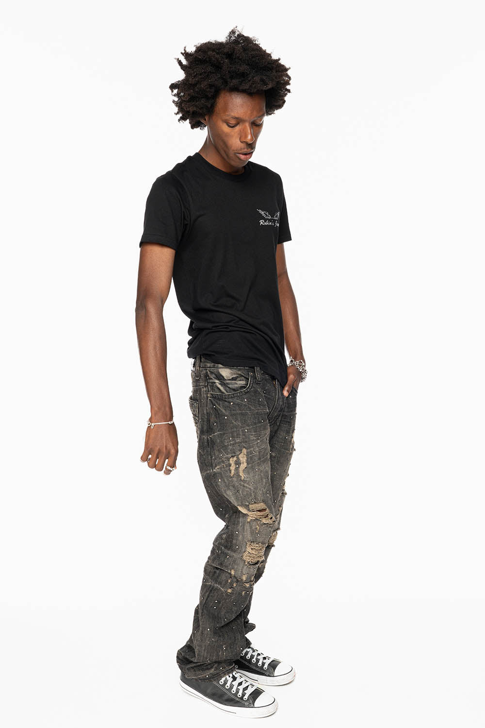 STRAIGHT LEG JEANS IN CHARCOAL MODOC BROKEN WASH EMBELLISHED ALL OVER WITH CRYSTALS