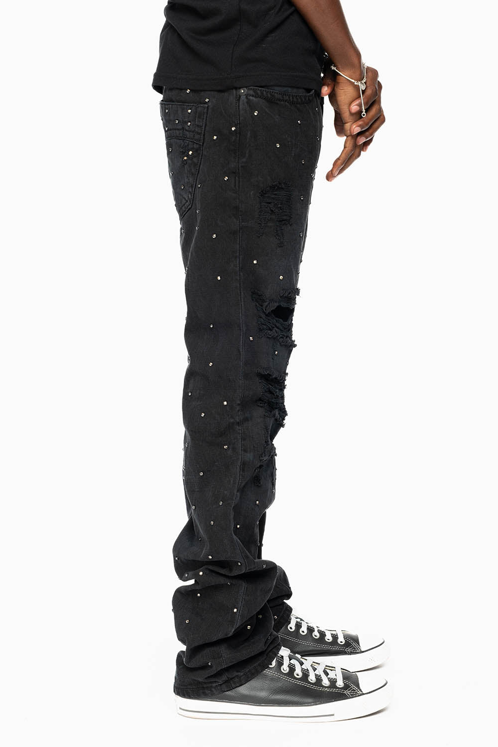 ROBIN'S STRAIGHT LEG JEANS IN VINTAGE BLACK BROKEN WASH EMBELLISHED ALLOVER WITH CRYSTALS