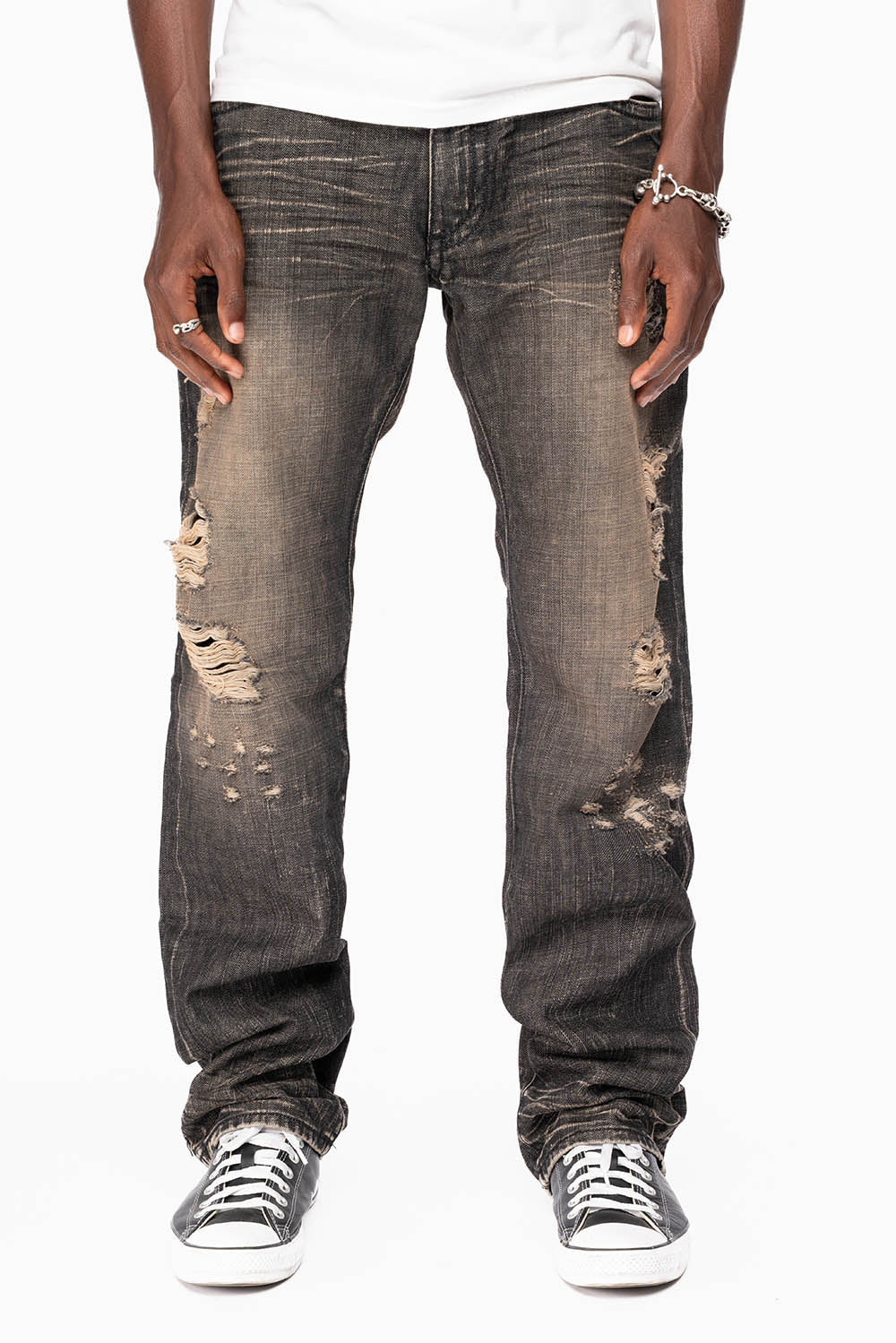 LIMITED EDITION STRAIGHT LEG JEANS IN CHARCOAL MODOC BROKEN WASH WITH CRYSTALS AND NAILHEAD