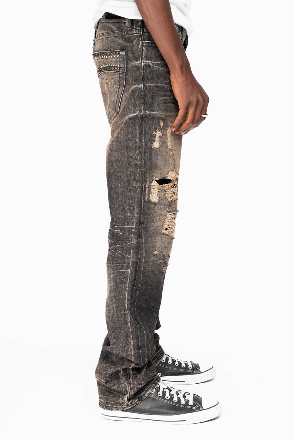 LIMITED EDITION STRAIGHT LEG JEANS IN CHARCOAL MODOC BROKEN WASH WITH CRYSTALS AND NAILHEAD