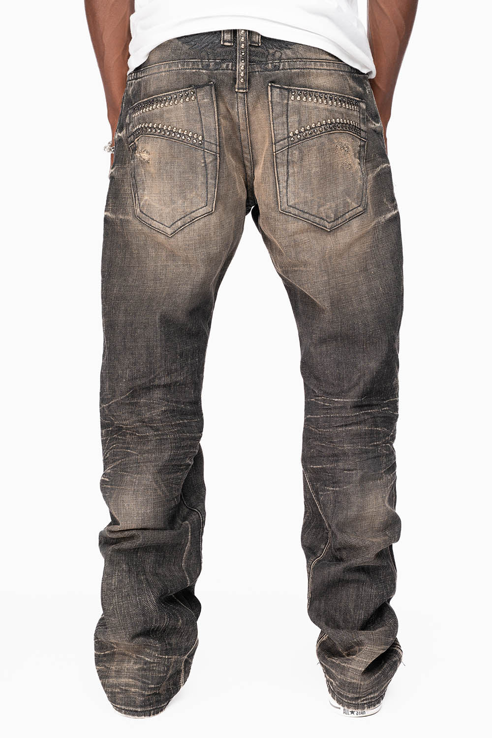 LIMITED EDITION STRAIGHT LEG JEANS IN CHARCOAL MODOC BROKEN WASH WITH CRYSTALS AND NAILHEAD