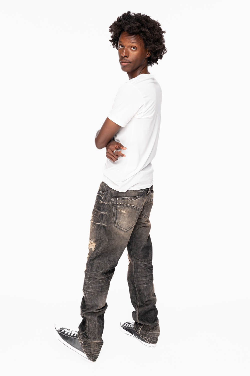 LIMITED EDITION STRAIGHT LEG JEANS IN CHARCOAL MODOC BROKEN WASH WITH CRYSTALS AND NAILHEAD
