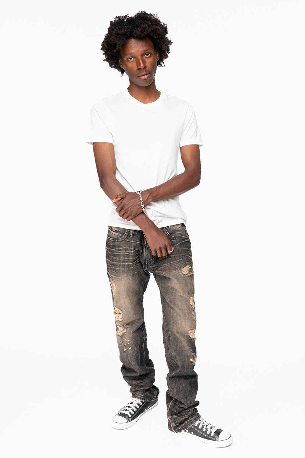 LIMITED EDITION STRAIGHT LEG JEANS IN CHARCOAL MODOC BROKEN WASH WITH CRYSTALS AND NAILHEAD