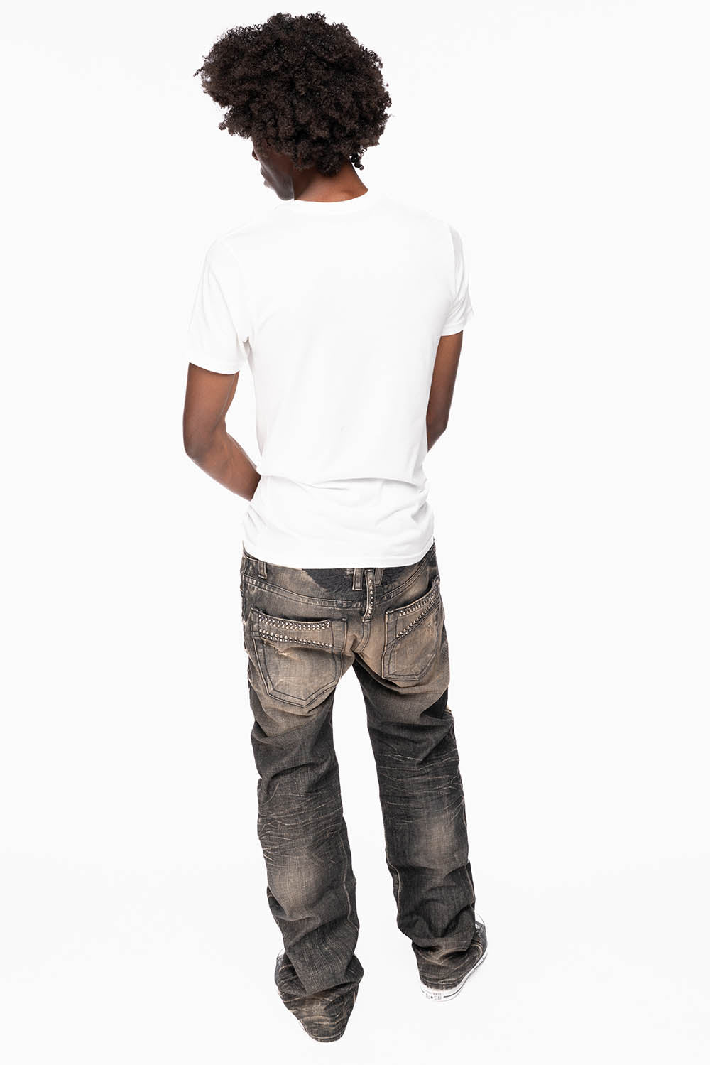 LIMITED EDITION STRAIGHT LEG JEANS IN CHARCOAL MODOC BROKEN WASH WITH CRYSTALS AND NAILHEAD