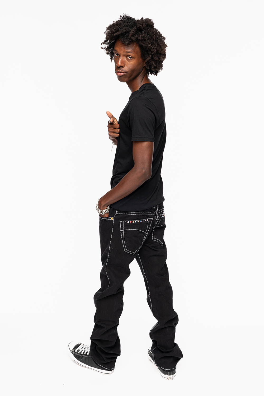 HEAVY STITCH JEANS IN PURE BLACK WITH WHITE CONTRAST EMBELLISHED WITH MULTI-COLOR CRYSTALS