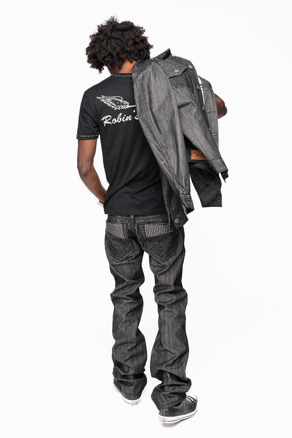 ROBIN’S 5 POCKET STRAIGHT LEG JEANS IN RAW BLK DENIM HEAVY BLACK STITCHING WITH CRYSTALS