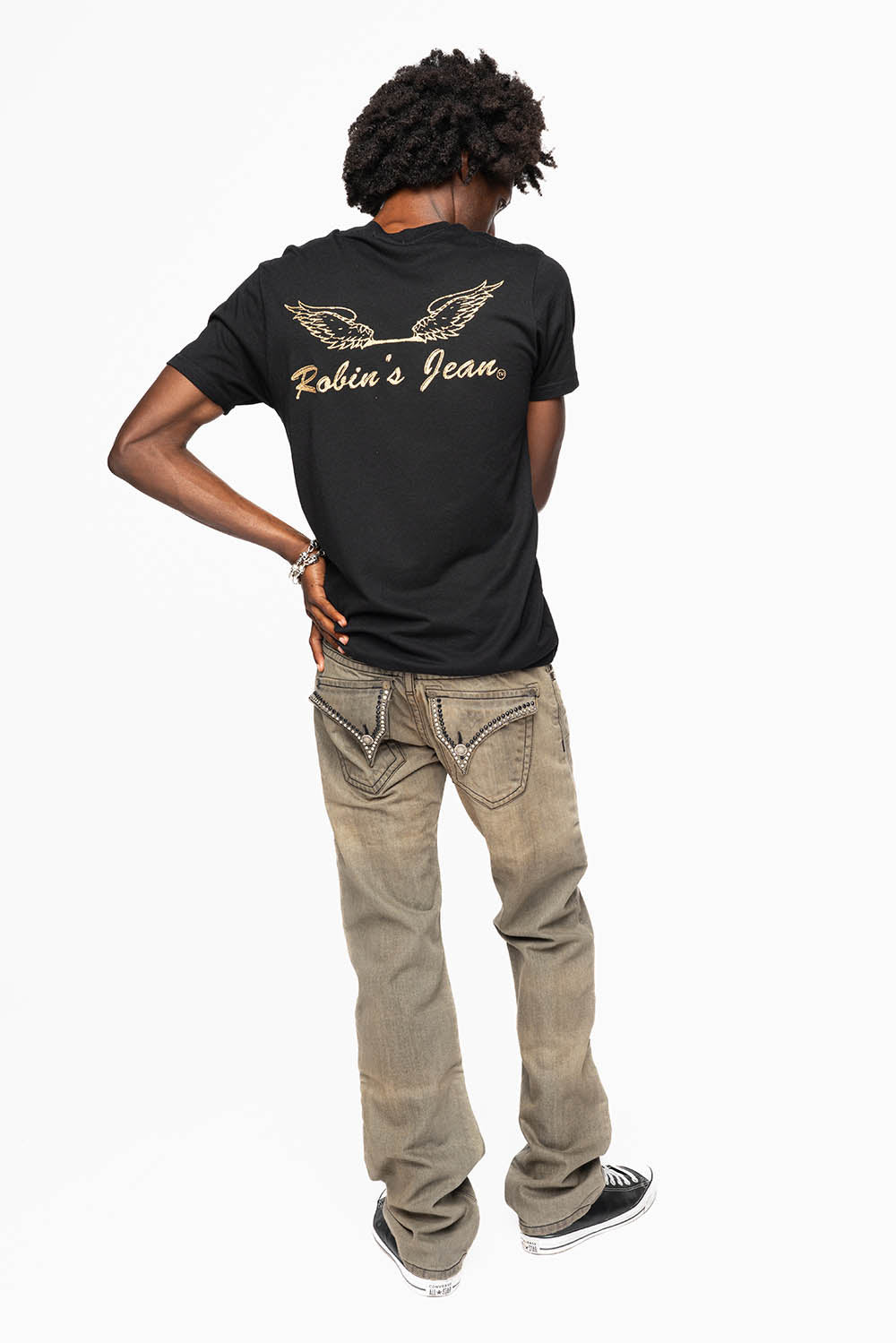 MENS LONG FLAP GARAGE WASH JEANS EMBELLISHED WITH CRYSTALS