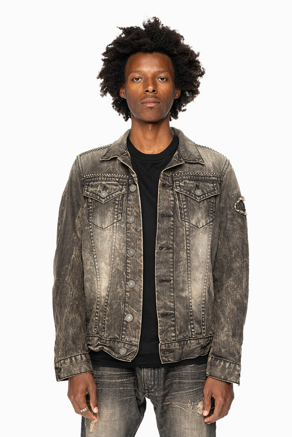 MOTORCYCLE CLUB DENIM JACKET IN MODOC WASH WITH PATCHES STUDS AND