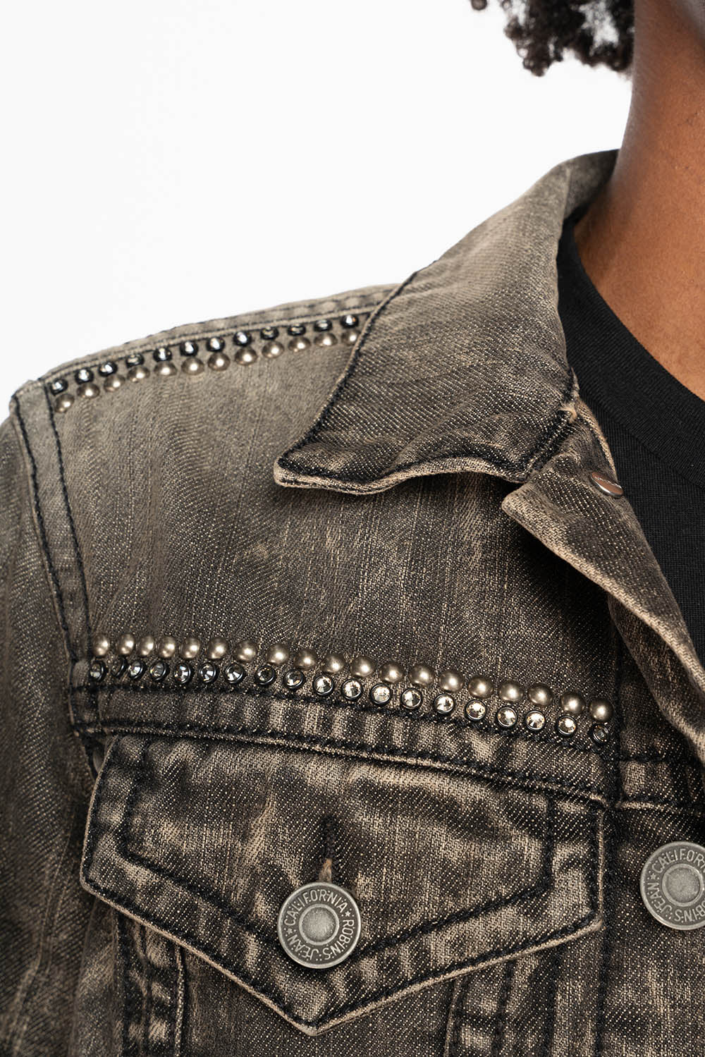 MOTORCYCLE CLUB DENIM JACKET IN MODOC WASH WITH PATCHES STUDS AND CRYSTALS