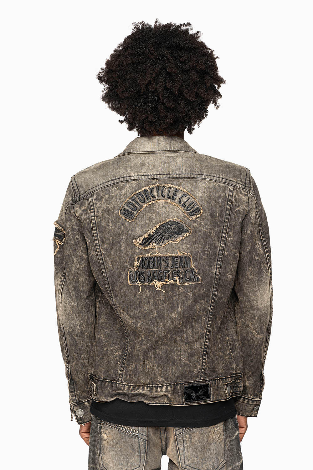 MOTORCYCLE CLUB DENIM JACKET IN MODOC WASH WITH PATCHES STUDS AND CRYSTALS