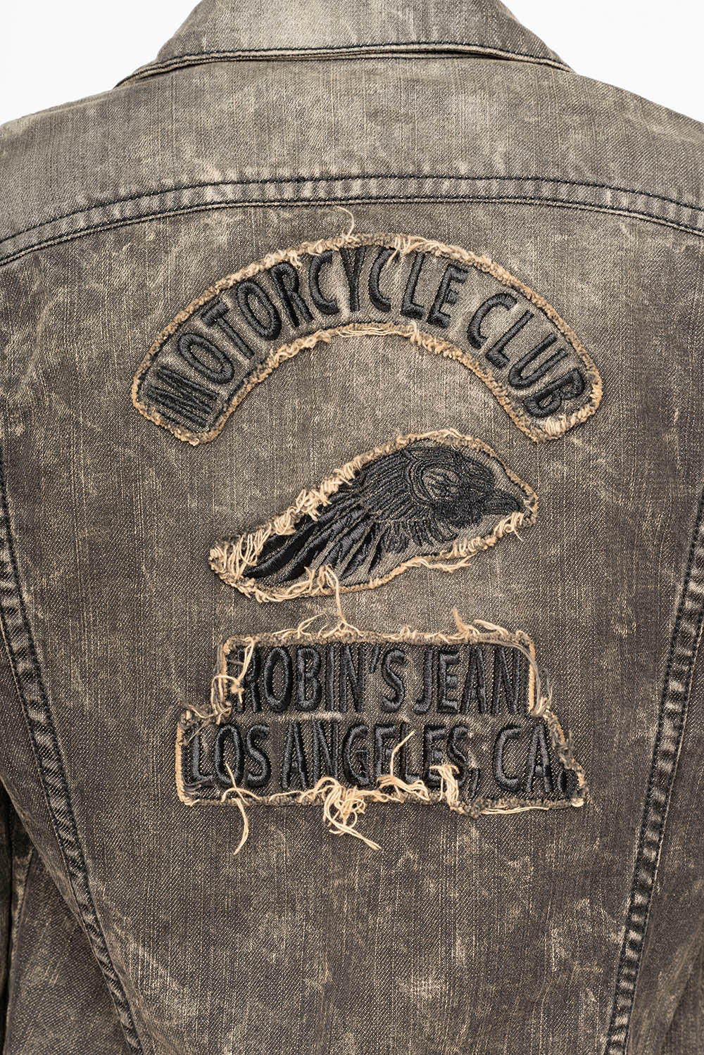 MOTORCYCLE CLUB DENIM JACKET IN MODOC WASH WITH PATCHES STUDS AND CRYSTALS