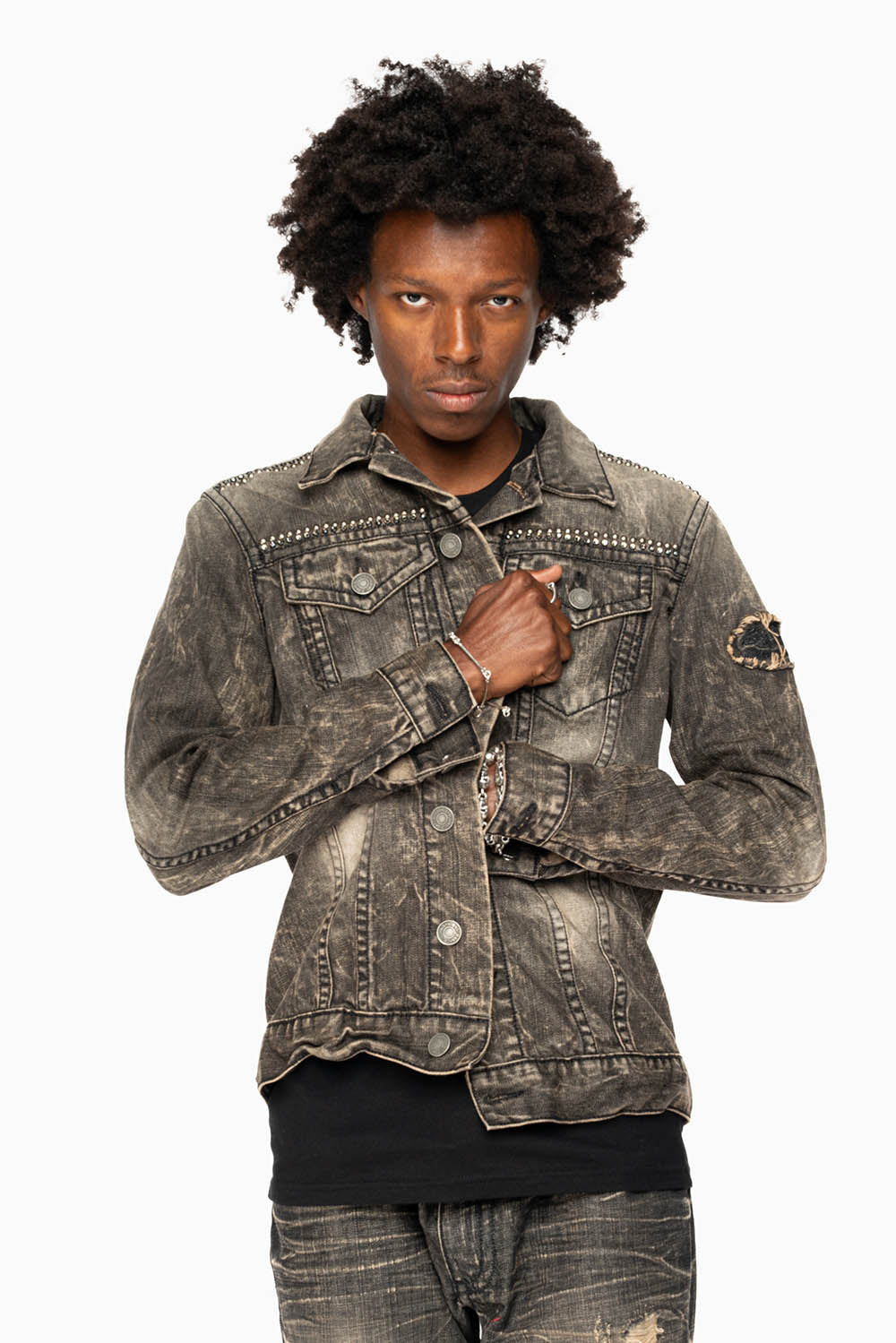 MOTORCYCLE CLUB DENIM JACKET IN MODOC WASH WITH PATCHES STUDS AND CRYSTALS