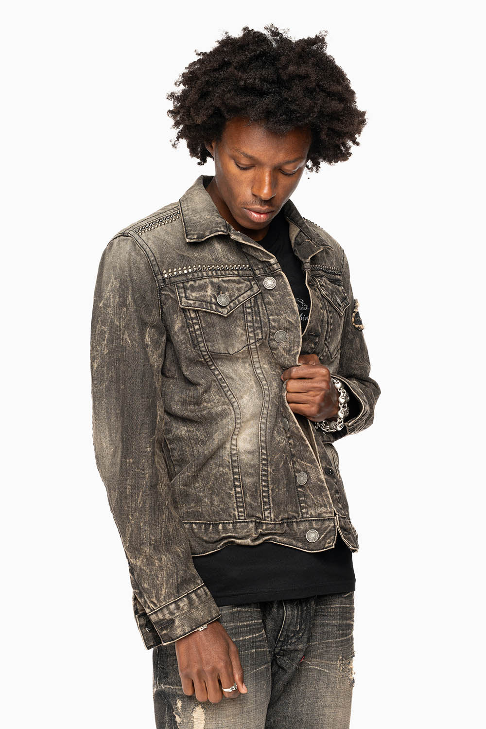 MOTORCYCLE CLUB DENIM JACKET IN MODOC WASH WITH PATCHES STUDS AND CRYSTALS