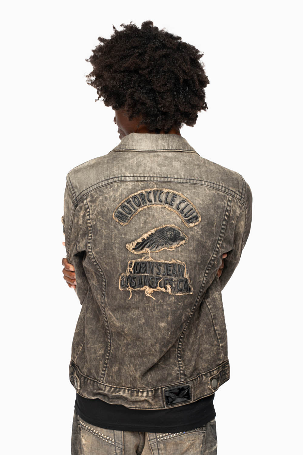 MOTORCYCLE CLUB DENIM JACKET IN MODOC WASH WITH PATCHES STUDS AND CRYSTALS