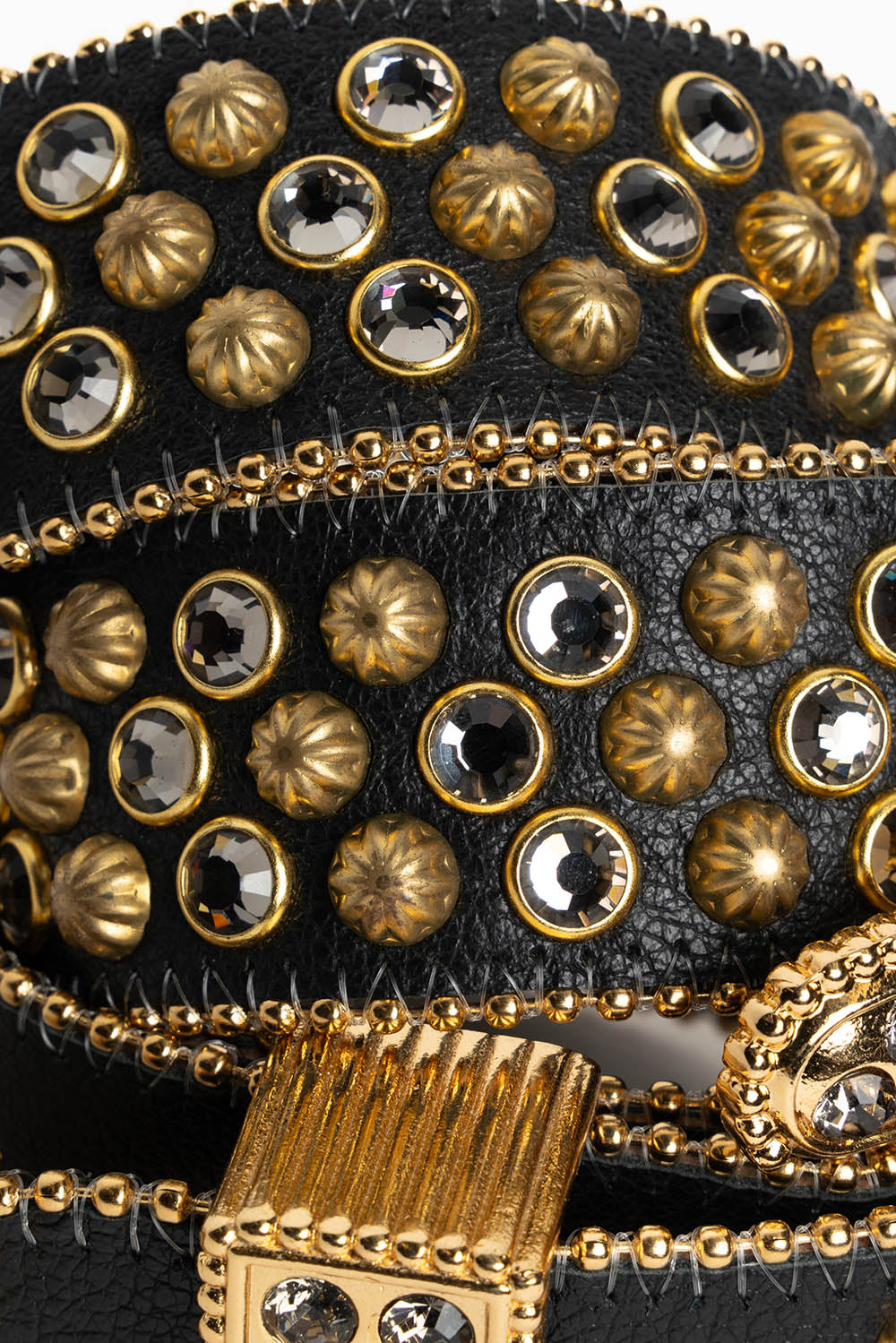 ROBIN'S JEAN BLK LEATHER BELT WITH BLK DIAMOND CRYSTALS & GOLD PARACHUTE STUDS