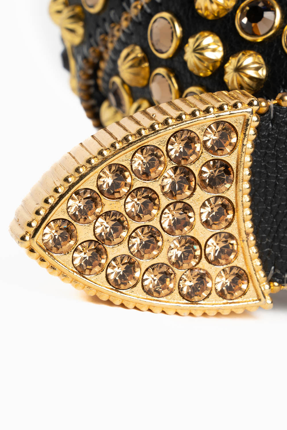 ROBIN'S JEAN BLK LEATHER BELT WITH AURUM CRYSTALS & PARACHUTE STUDS
