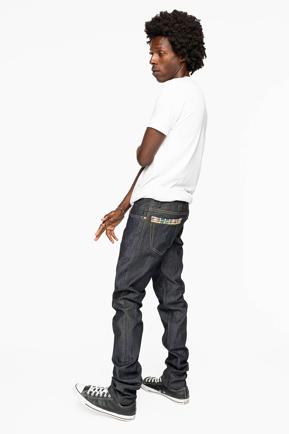ROBIN’S INDIAN BONE STRIPE SLIM JEANS IN RAW DENIM EMBROIDERED INDIAN TRIBE MOTIF
