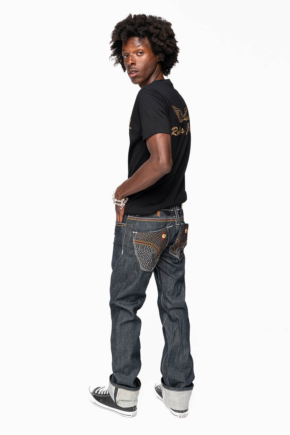 ROBIN’S FAKE FLAP STRAIGHT LEG JEANS IN RAW RED SALVAGED DENIM WITH MULTI COLOR STITCHING WITH CRYSTALS