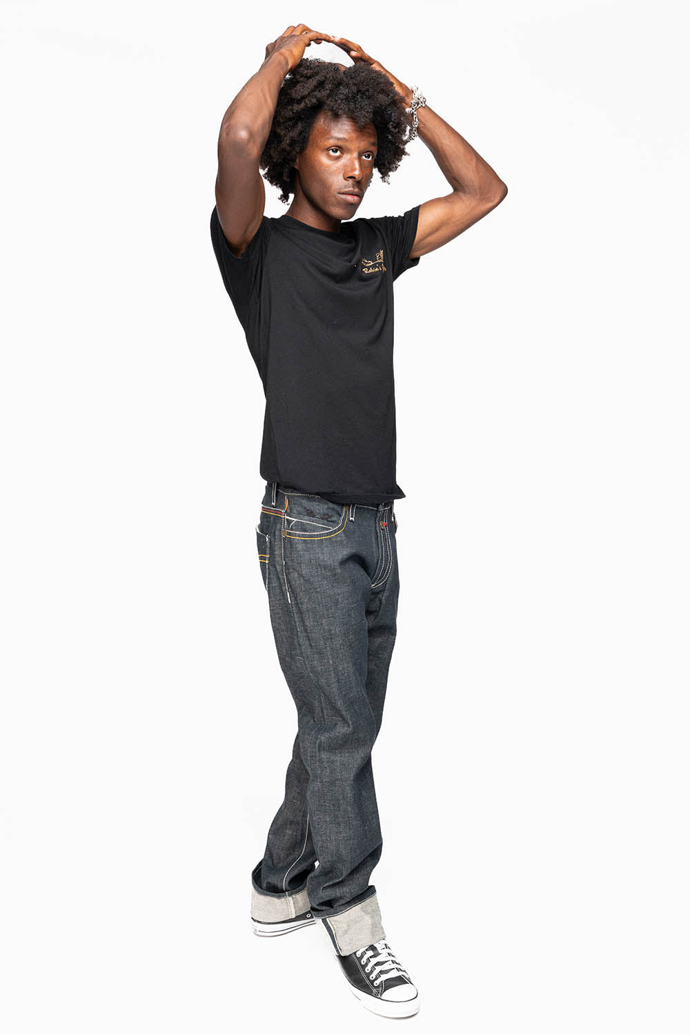 ROBIN’S FAKE FLAP 5 POCKET STRAIGHT LEG JEANS IN RAW RED SALVAGED DENIM WITH MULTI COLOR STITCHING
