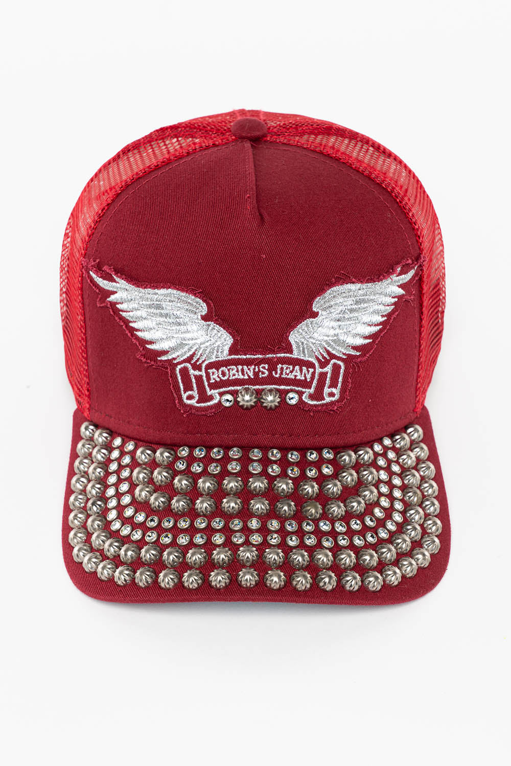 BURGUNDY TRUCKER HAT WITH STUDS AND CRYSTALS