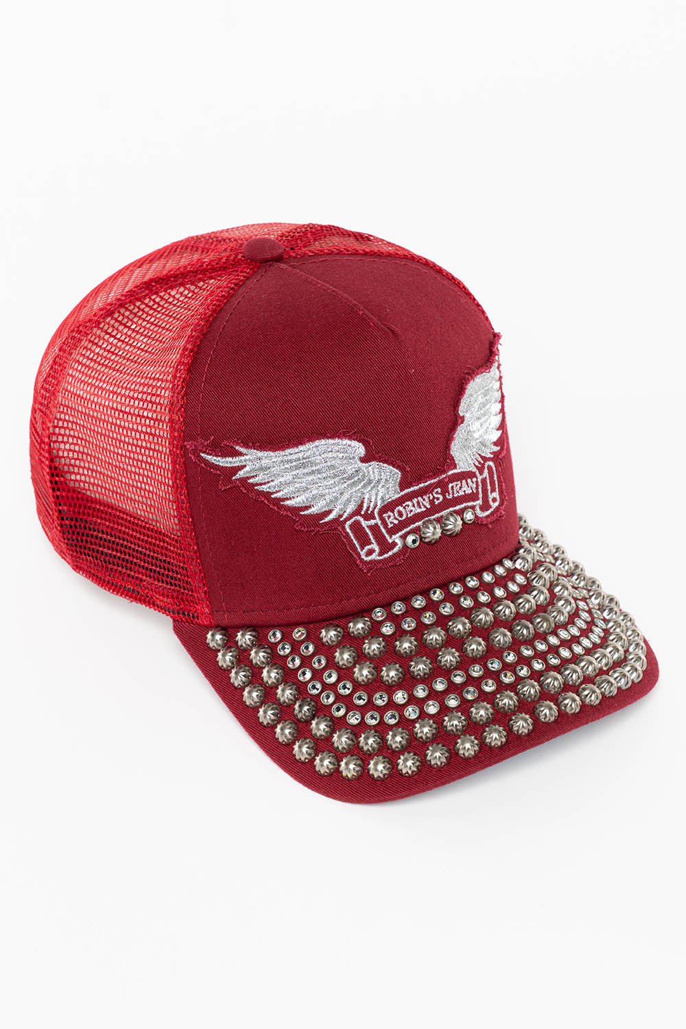 BURGUNDY TRUCKER HAT WITH STUDS AND CRYSTALS
