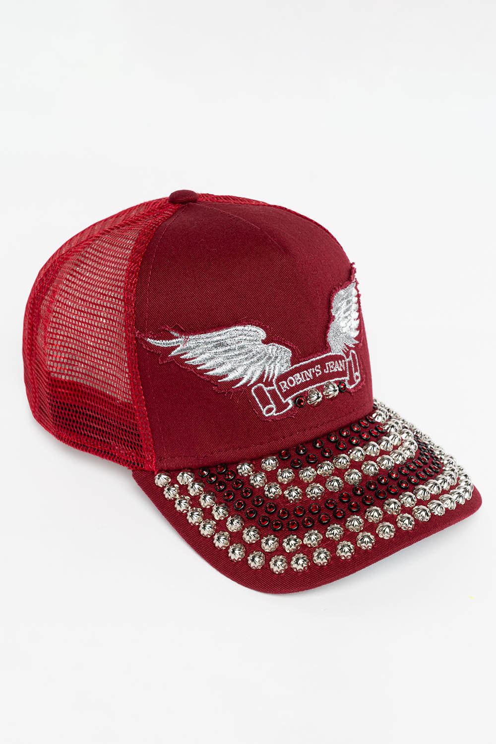 BURGUNDY TRUCKER HAT WITH RED CRYSTAL AND SILVER NAILHEAD EMBELLISHMENT