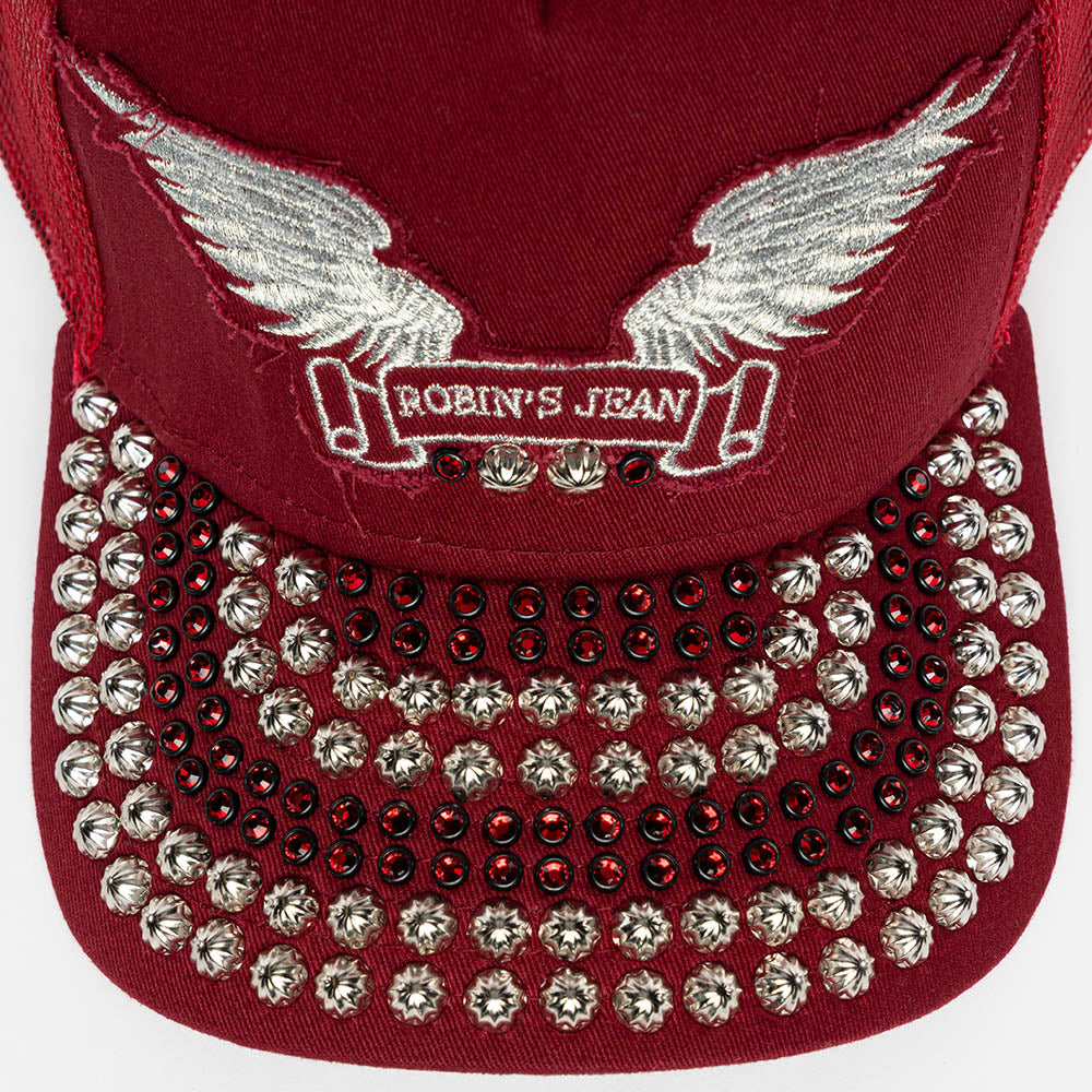 BURGUNDY TRUCKER HAT WITH RED CRYSTAL AND SILVER NAILHEAD EMBELLISHMENT