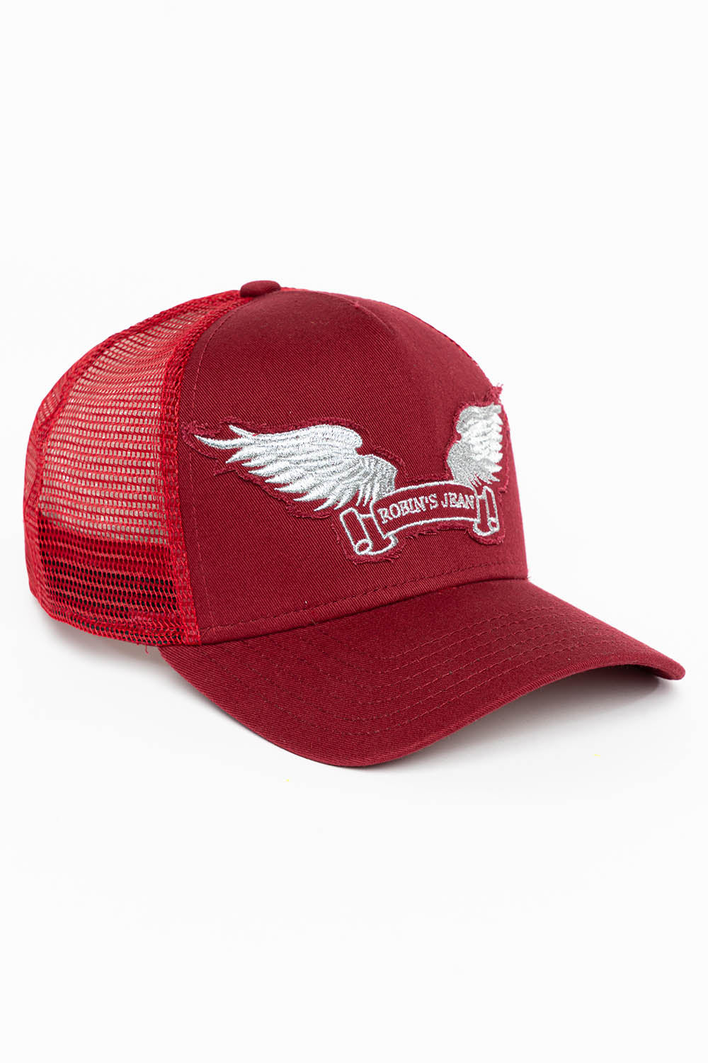 BURGUNDY TRUCKER HAT WITH SILVER WING LOGO EMBROIDERY