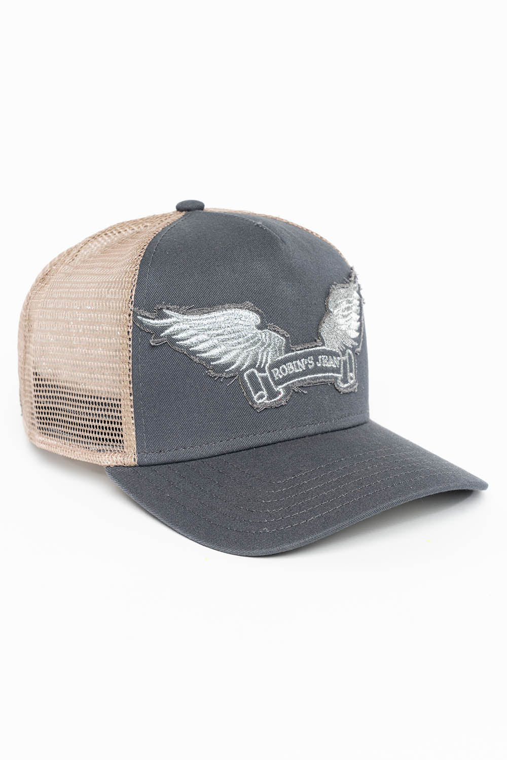 CHARCOAL/BEIGE TRUCKER HAT WITH SILVER WING LOGO EMBROIDERY