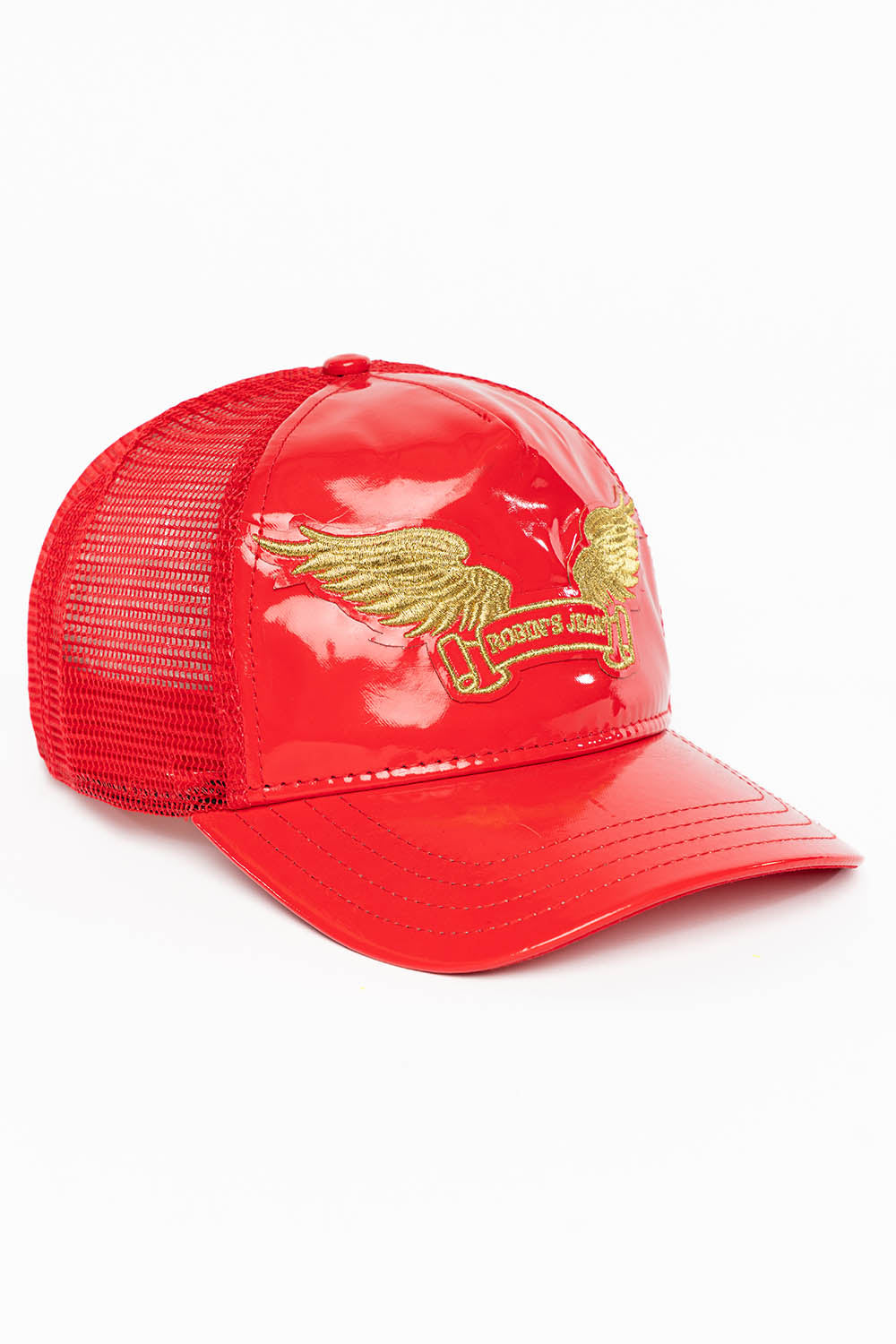 ROBIN’S CLASSIC WING CAP IN RED PATENT WITH GOLD EMBROIDERED LOGO