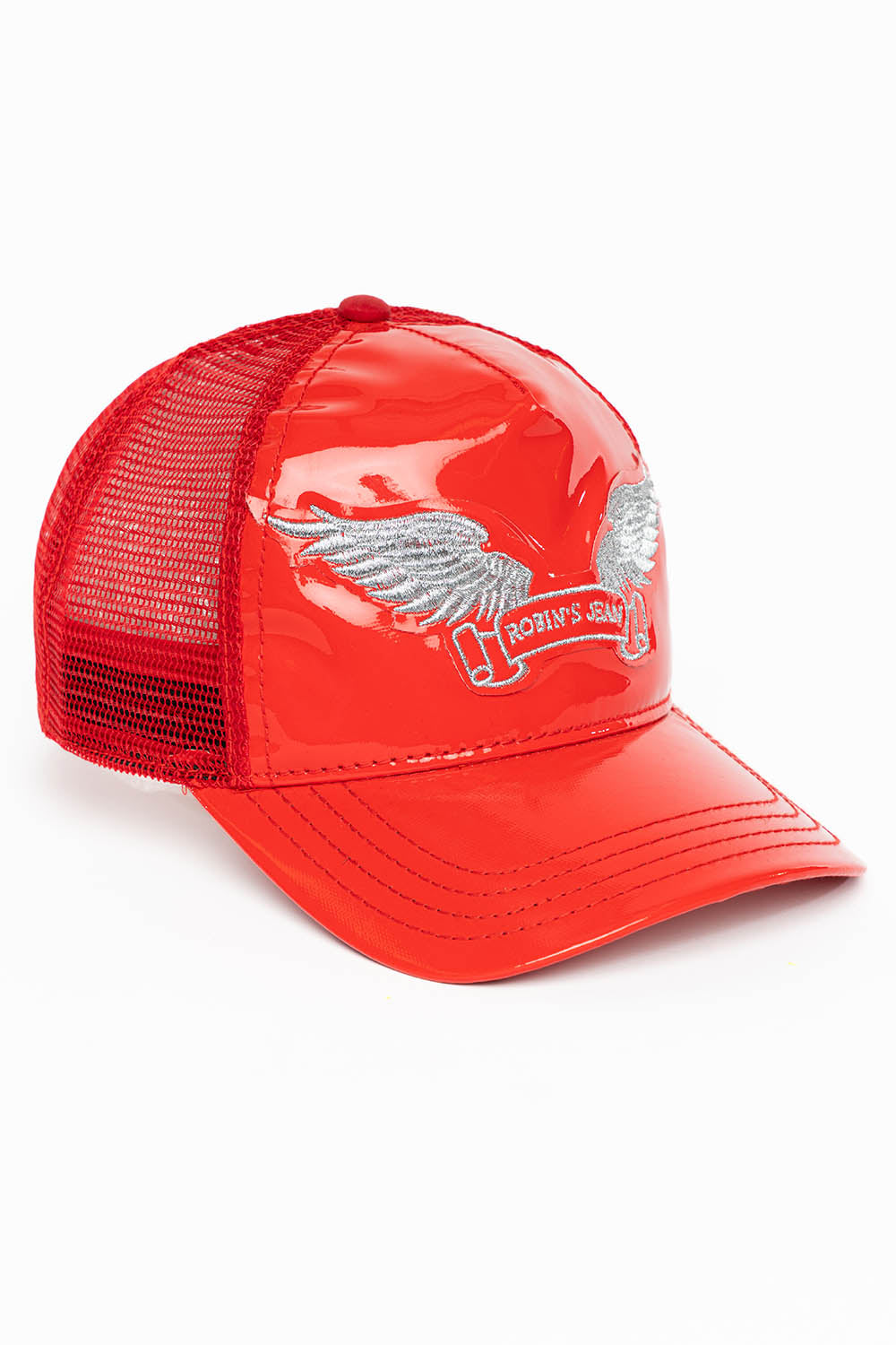 ROBIN’S CLASSIC WING CAP IN RED PATENT WITH SILVER EMBROIDERED LOGO