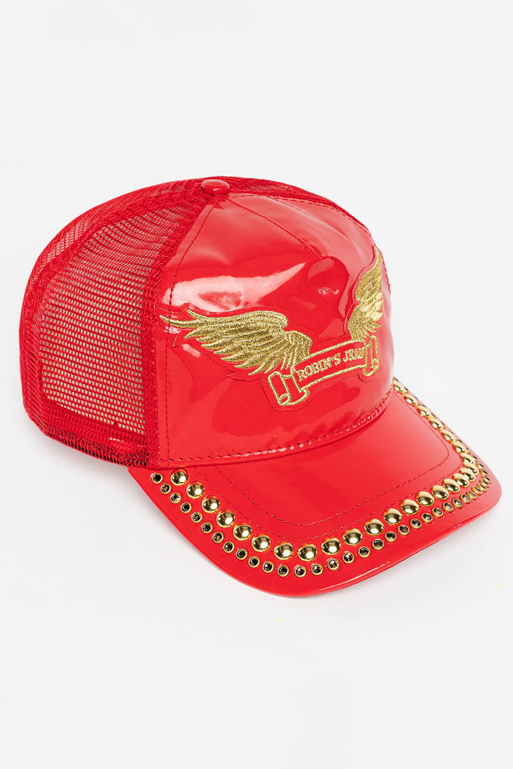 ROBIN’S CLASSIC WING CAP IN RED PATENT WITH GOLD EMBROIDERED LOGO WITH EMBELLISHMENT