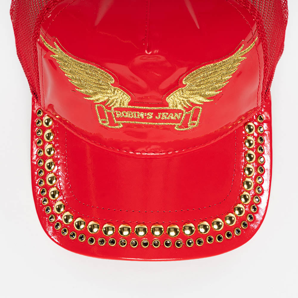 ROBIN’S CLASSIC WING CAP IN RED PATENT WITH GOLD EMBROIDERED LOGO WITH EMBELLISHMENT
