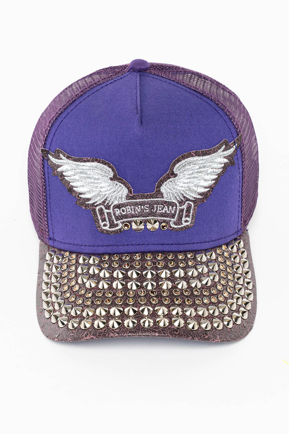 PURPLE/WINE OSTRICH TRUCKER HAT WITH SILVER WING LOGO EMBROIDERY
