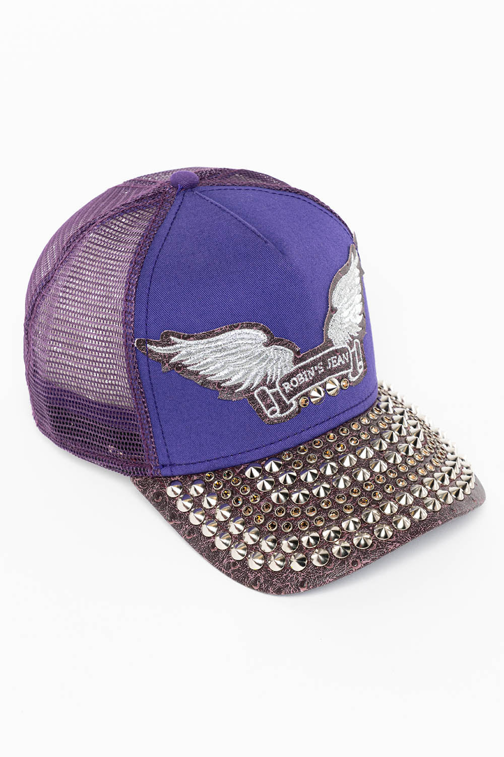 PURPLE/WINE OSTRICH TRUCKER HAT WITH SILVER WING LOGO EMBROIDERY
