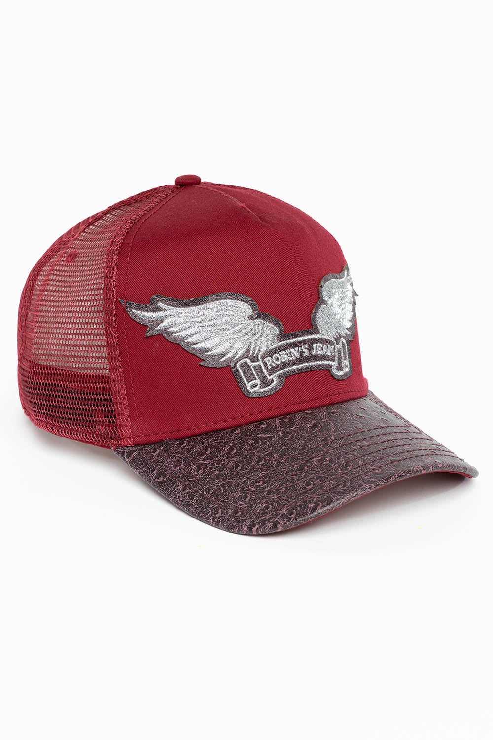 BURGUNDY/WINE OSTRICH TRUCKER HAT WITH SILVER WING LOGO EMBROIDERY