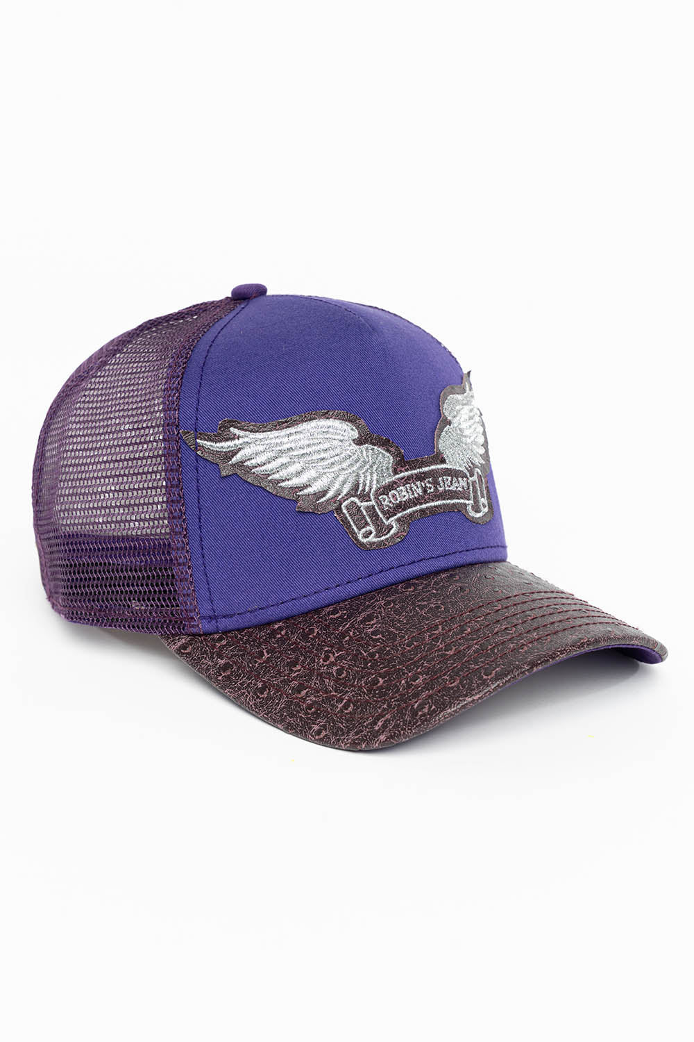 PURPLE/WINE OSTRICH TRUCKER HAT WITH SILVER WING LOGO EMBROIDERY