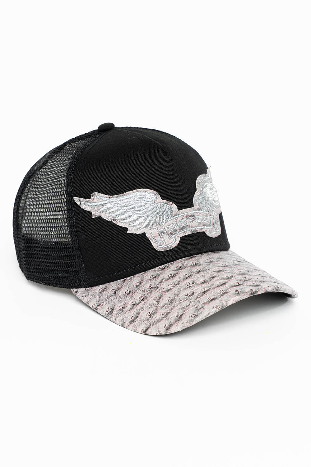 BLK/GREY OSTRICH TRUCKER HAT WITH SILVER EMBROIDERED WINGS