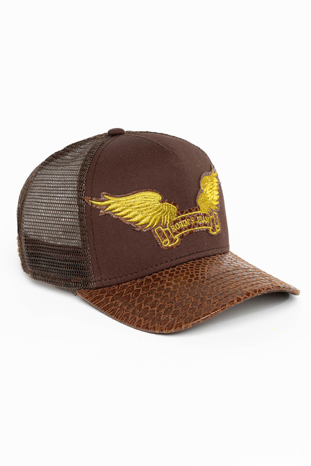 BROWN PYTHON TRUCKER HAT WITH ROBIN’S SIGNATURE WING LOGO IN GOLD EMBROIDERY