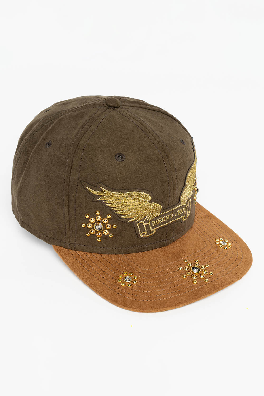 MICRO SUEDE CAP IN OLIVE /CAMEL COLOR IN GOLD WING LOGO EMBROIDERY WITH EMBELLISHMENT