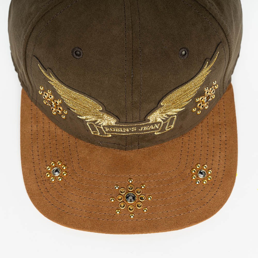 MICRO SUEDE CAP IN OLIVE /CAMEL COLOR IN GOLD WING LOGO EMBROIDERY WITH EMBELLISHMENT