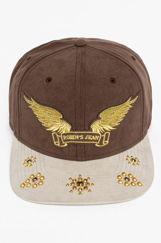 MICRO SUEDE CAP IN BROWN/STONE  COLOR IN GOLD WING LOGO EMBROIDERY WITH EMBELLISHMENT