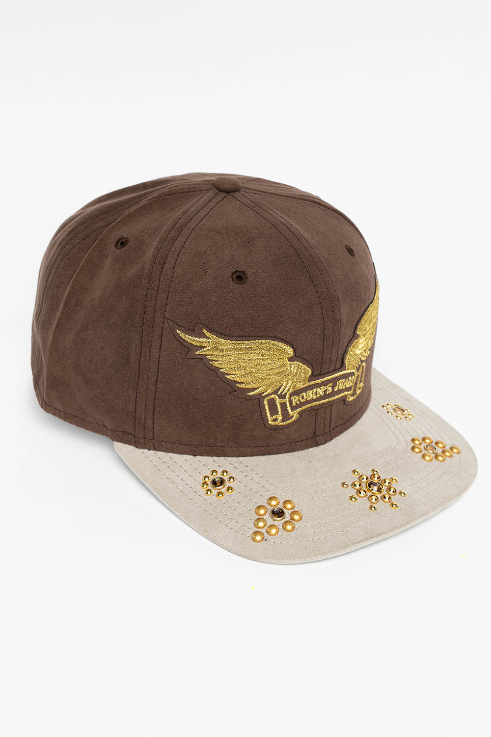 MICRO SUEDE CAP IN BROWN/STONE COLOR IN GOLD WING LOGO EMBROIDERY WITH EMBELLISHMENT