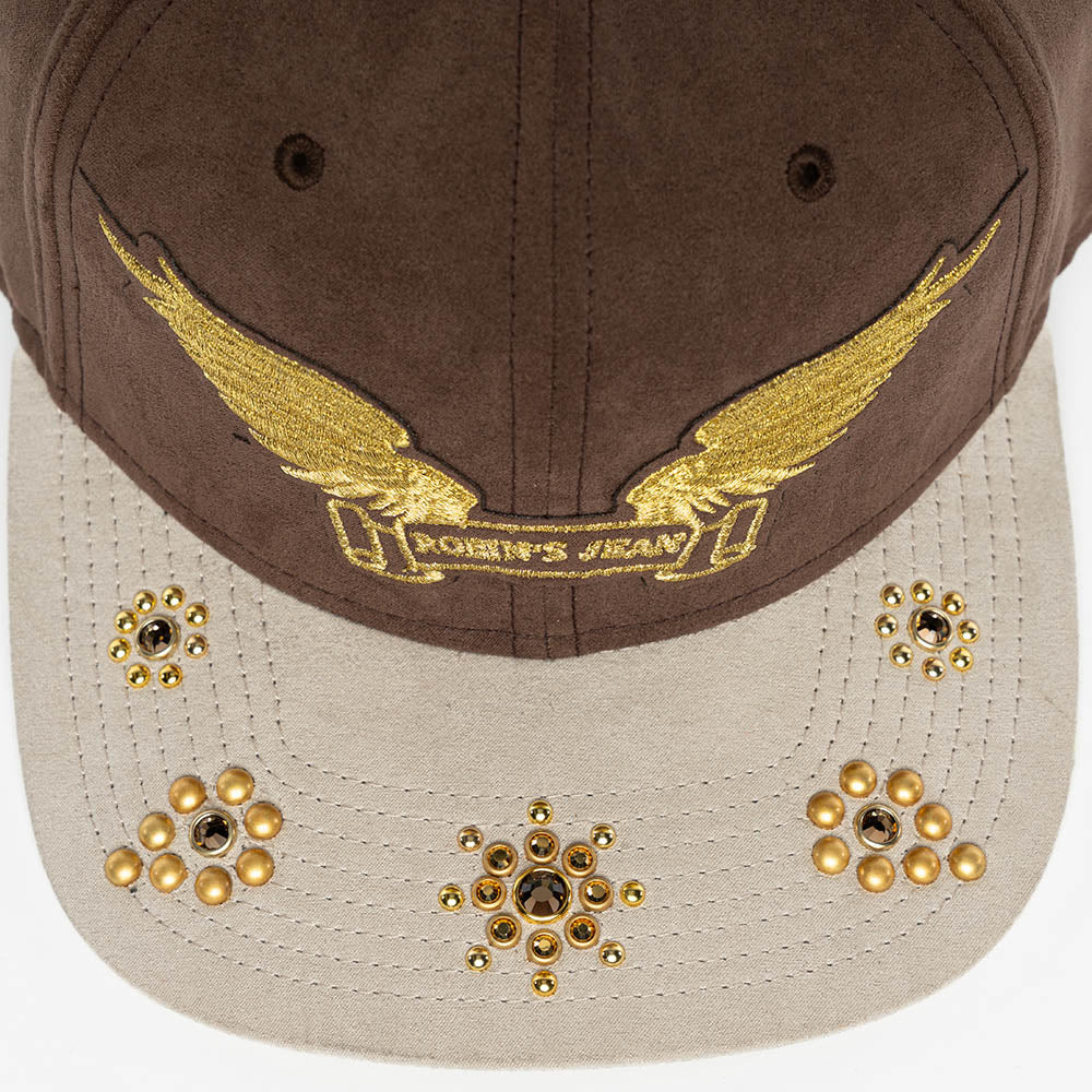 MICRO SUEDE CAP IN BROWN/STONE COLOR IN GOLD WING LOGO EMBROIDERY WITH EMBELLISHMENT