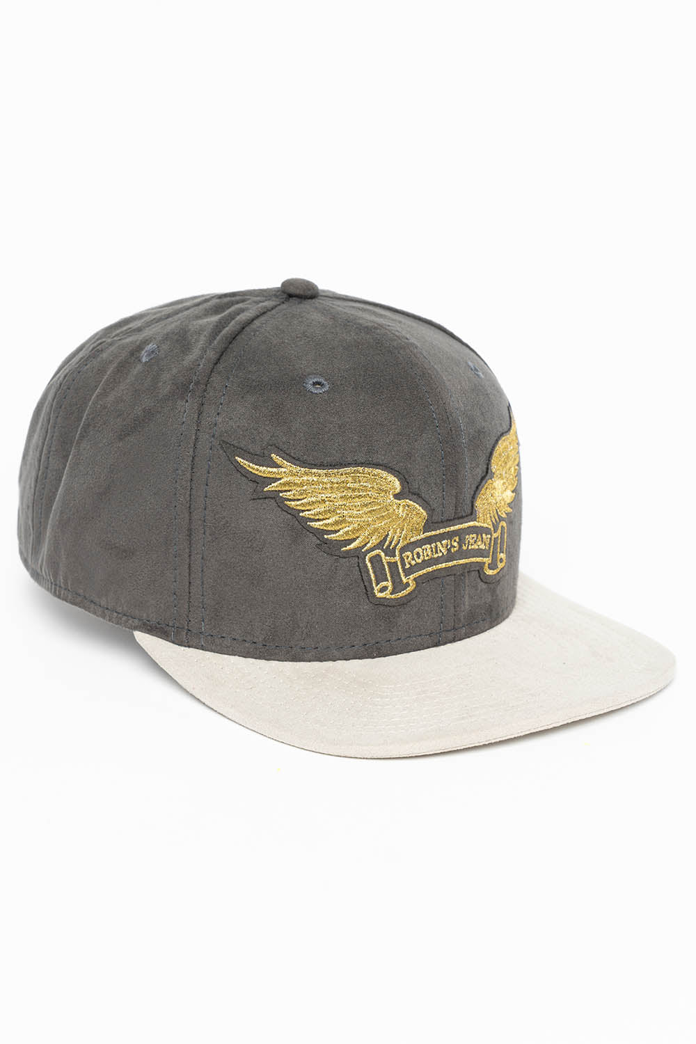 MICRO SUEDE CAP IN CHARCOAL/STONE COLOR IN GOLD WING LOGO EMBROIDERY