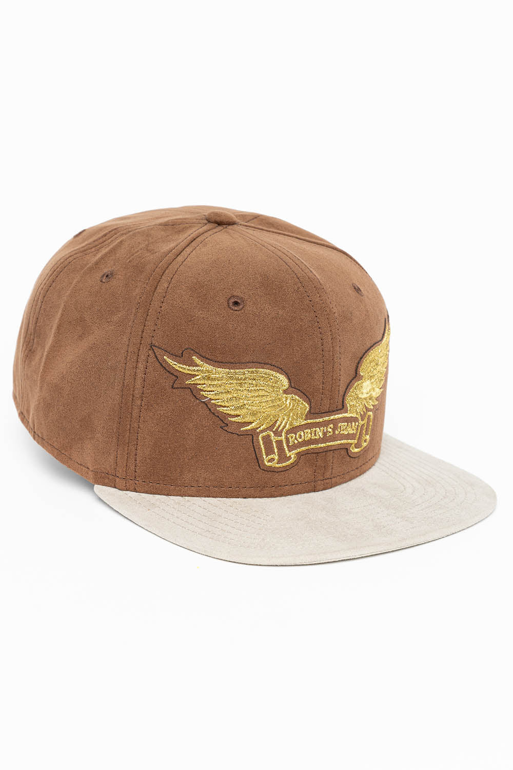 MICRO SUEDE CAP IN COFFEE /STONE COLOR IN GOLD WING LOGO EMBROIDERY