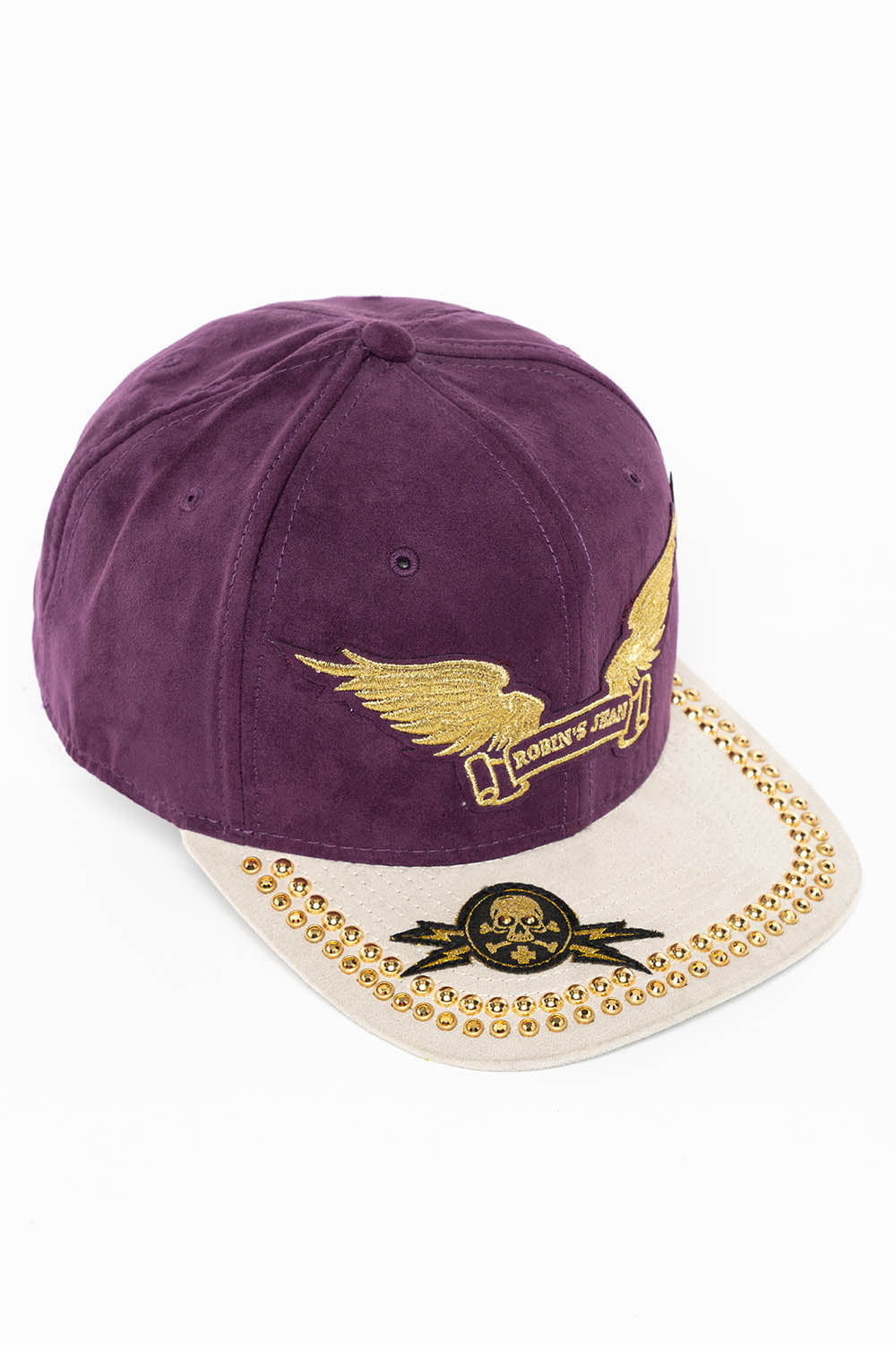 MICRO SUEDE CAP IN GRAPE/STONE COLOR WITH GOLD EMBROIDERY WINGS STUDS AND CRYSTALS