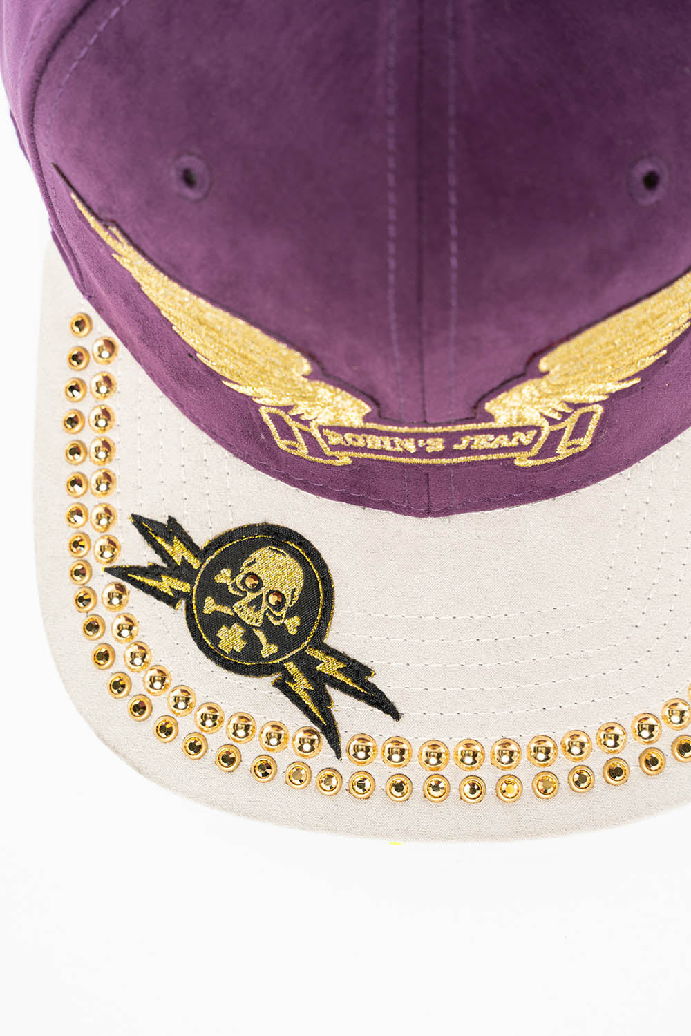 MICRO SUEDE CAP IN GRAPE/STONE COLOR WITH GOLD EMBROIDERY WINGS STUDS AND CRYSTALS