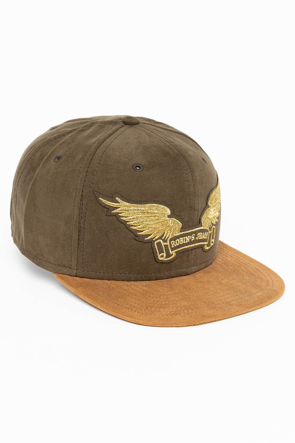 MICRO SUEDE CAP IN OLIVE /CAMEL COLOR IN GOLD WING LOGO EMBROIDERY